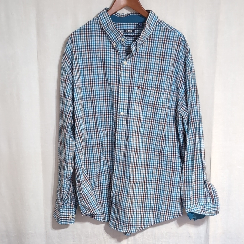 IZOD Premium Essentials Teal Blue Gingham Print Long Sleeve Button Up Size 2XL